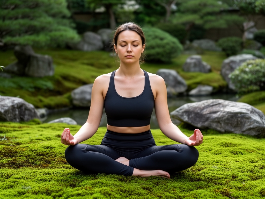 Femme pratiquant la méditation dans un jardin japonais serein avec de la mousse verte et des pierres, atmosphère calme