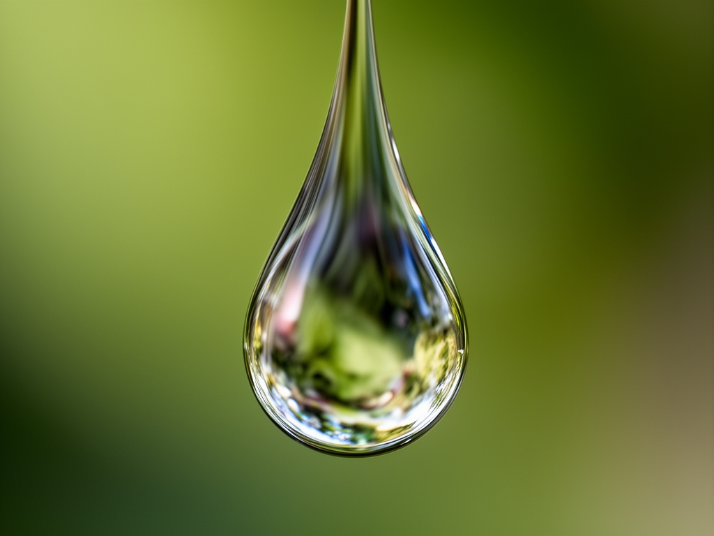 Goutte d'eau cristalline sur une surface verte lisse, éclairée par la lumière du matin avec reflets et profondeur de champ