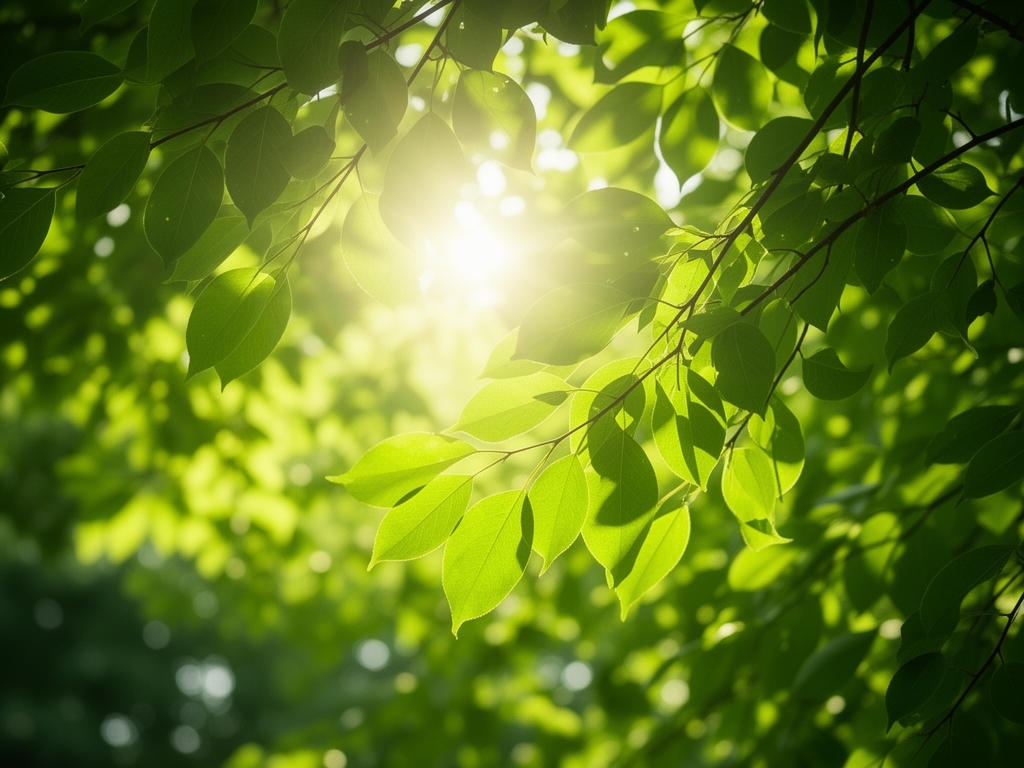 Lumière solaire filtrée à travers des feuilles vertes d'arbres en forêt, rayons lumineux dorés traversant l'ombre de la végétation