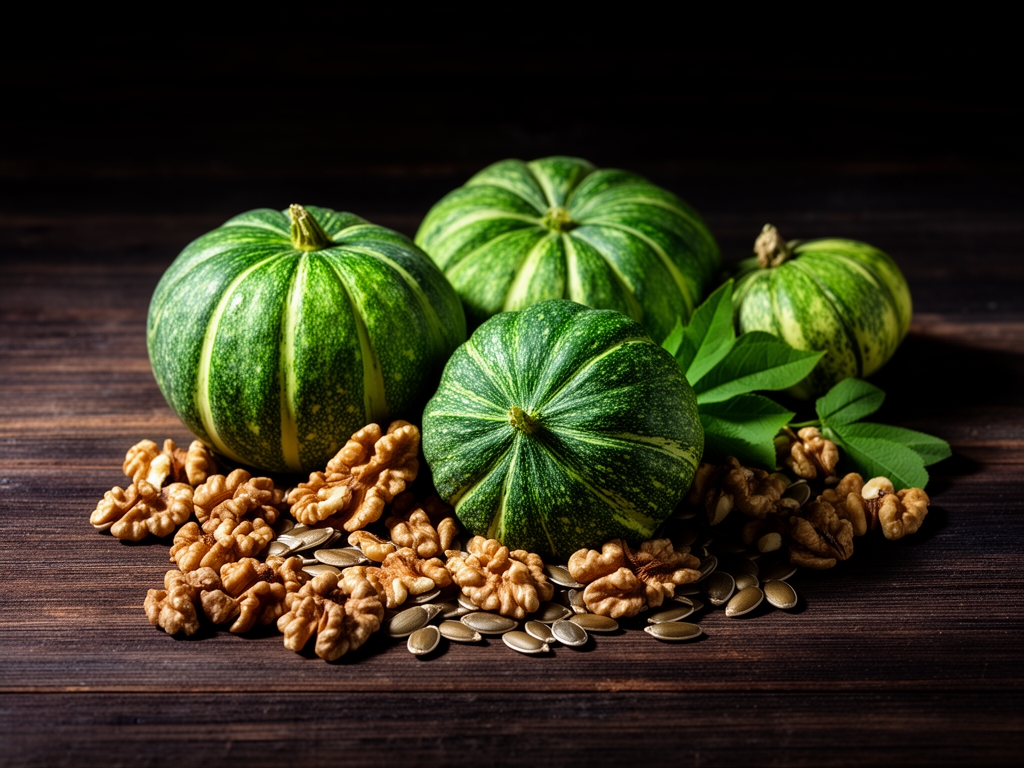 Graines de citrouille vertes et noix disposées sur une surface en bois sombre, composition naturelle avec ombres profondes