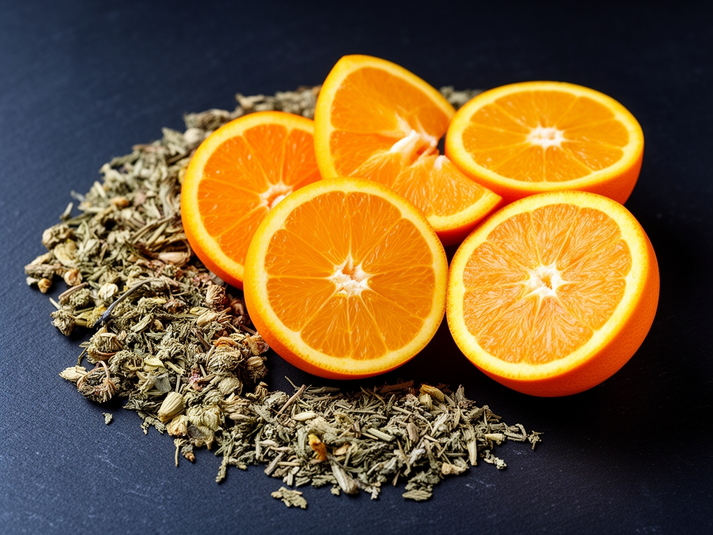 Agrumes frais coupés avec des herbes médicinales séchées disposées sur une surface en ardoise noire, photographie culinaire naturelle